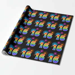 Leuk vuurwerk + regenboogpatroon "16" Evenementnum Cadeaupapier