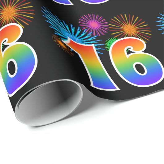 Leuk vuurwerk + regenboogpatroon "16" Evenementnum Cadeaupapier (Rol Hoek)