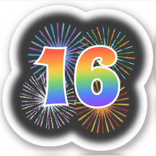 Leuk vuurwerk + regenboogpatroon "16" Event # Sticker (Voorkant)