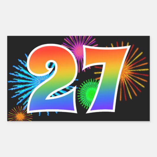 Leuk vuurwerk + regenboogpatroon "27" Evenementnum Rechthoekige Sticker (Voorkant)