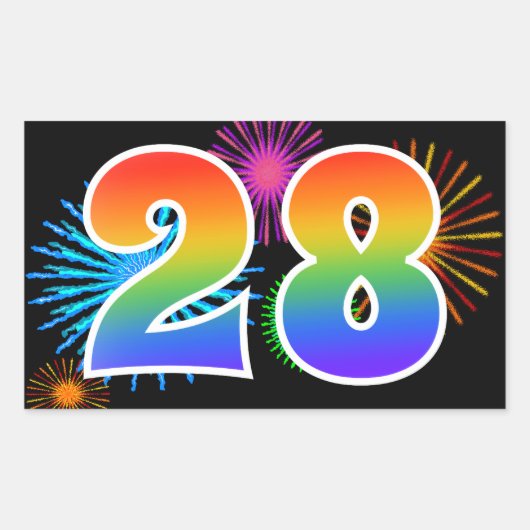 Leuk vuurwerk + regenboogpatroon "28" Evenementnum Rechthoekige Sticker (Voorkant)