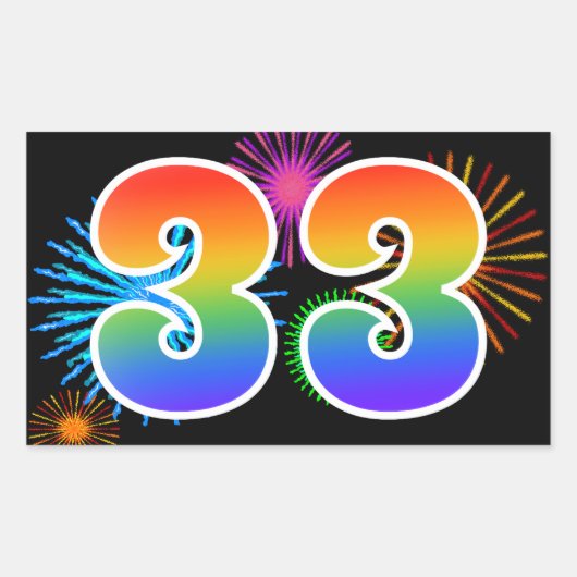Leuk vuurwerk + regenboogpatroon "33" Evenementnum Rechthoekige Sticker (Voorkant)