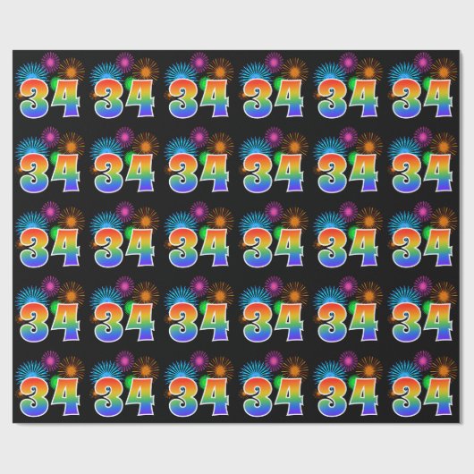Leuk vuurwerk + regenboogpatroon "34" Evenementnum Cadeaupapier (Vlak)