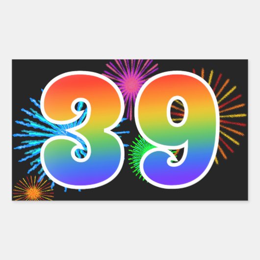 Leuk vuurwerk + regenboogpatroon "39" Evenementnum Rechthoekige Sticker (Voorkant)