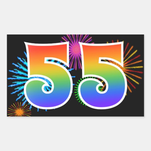 Leuk vuurwerk + regenboogpatroon "55" Evenementnum Rechthoekige Sticker (Voorkant)
