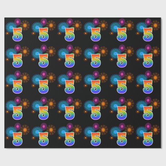 Leuk vuurwerk + regenboogpatroon "5" Evenementnumm Cadeaupapier (Vlak)