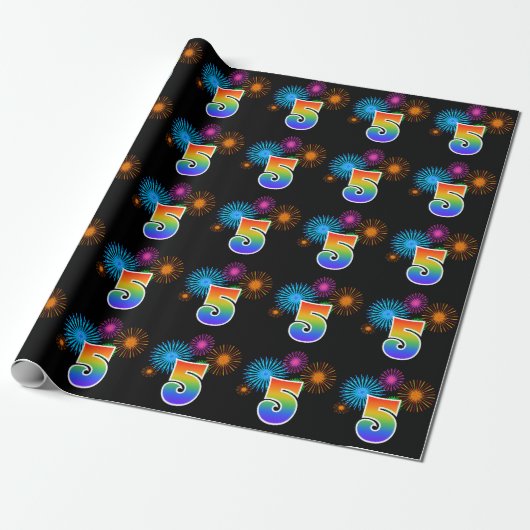 Leuk vuurwerk + regenboogpatroon "5" Evenementnumm Cadeaupapier (Uitgerold)