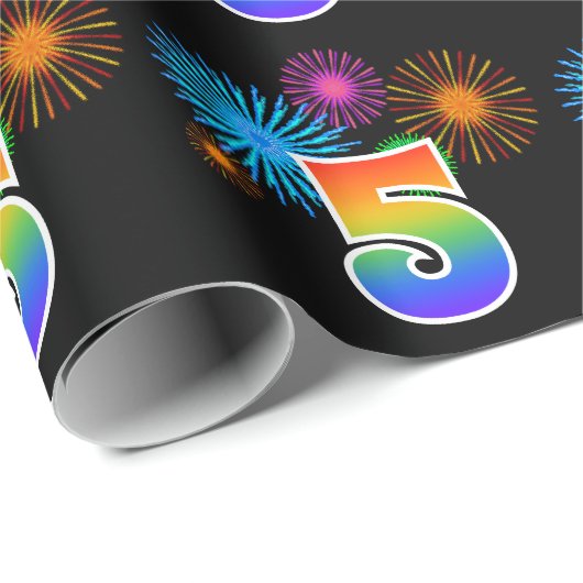 Leuk vuurwerk + regenboogpatroon "5" Evenementnumm Cadeaupapier (Rol Hoek)