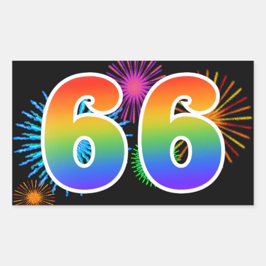 Leuk vuurwerk + regenboogpatroon "66" Evenementnum Rechthoekige Sticker (Voorkant)