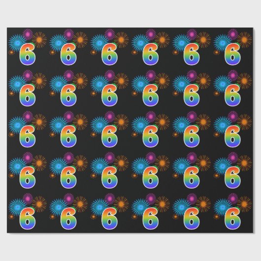 Leuk vuurwerk + regenboogpatroon "6" Evenementnumm Cadeaupapier (Vlak)