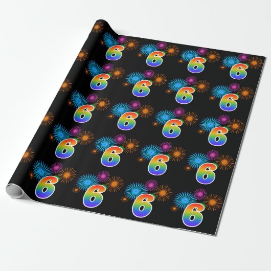 Leuk vuurwerk + regenboogpatroon "6" Evenementnumm Cadeaupapier (Uitgerold)