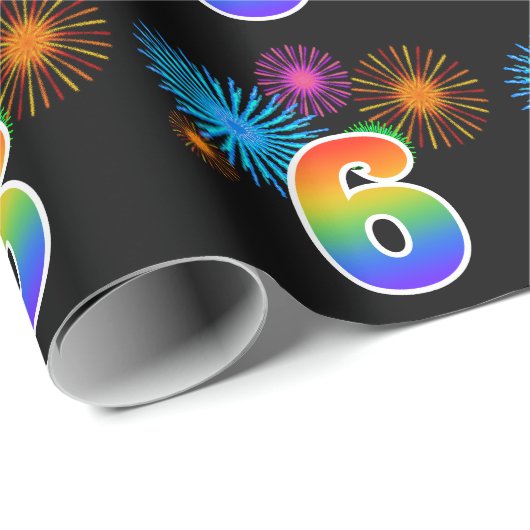 Leuk vuurwerk + regenboogpatroon "6" Evenementnumm Cadeaupapier (Rol Hoek)