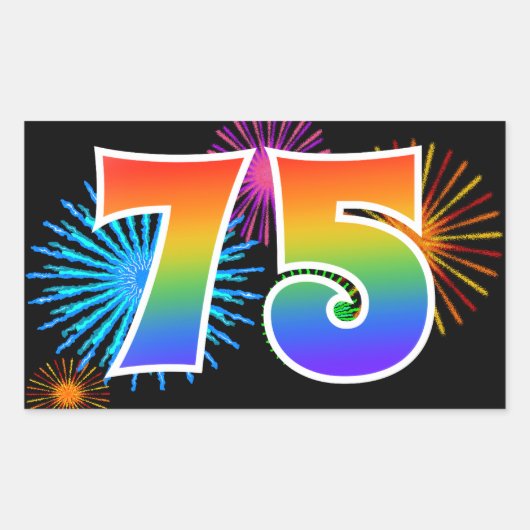 Leuk vuurwerk + regenboogpatroon "75" Evenementnum Rechthoekige Sticker (Voorkant)