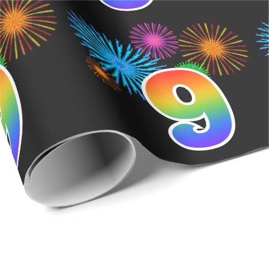 Leuk vuurwerk + regenboogpatroon "9" Evenementnumm Cadeaupapier (Rol Hoek)