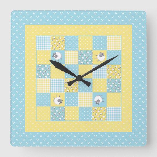 Leuk Welsh Schaap, Faux Patchwork, Vierkante Wandk Klok (Voorkant)
