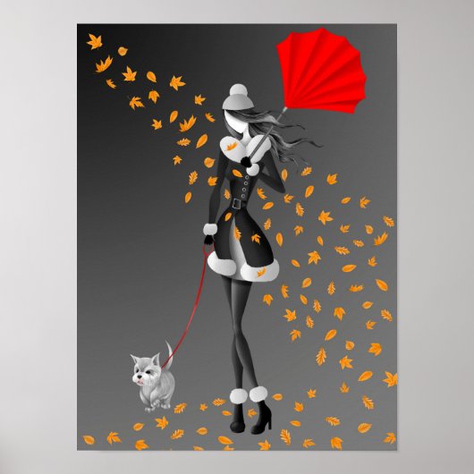 Leuk Winter Duo Lady & Hond Wandelen in de Herfst Poster (Voorkant)