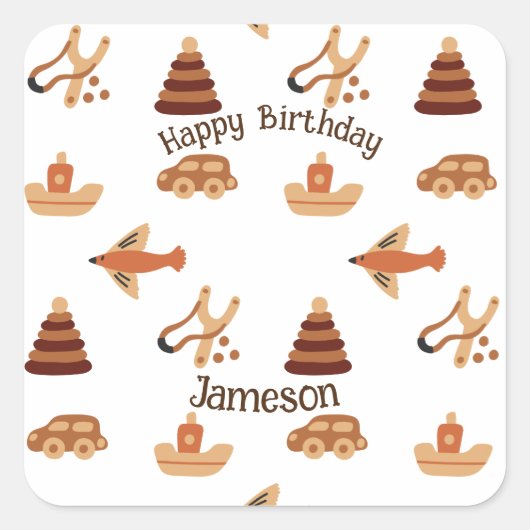 Leuk Wit Bruin Kinder Speelgoed Car Plane Boat Ver Vierkante Sticker (Voorkant)