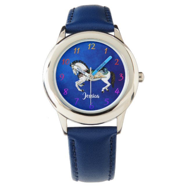 Leuk wit carrousel paard op blauw horloge (Voorkant)