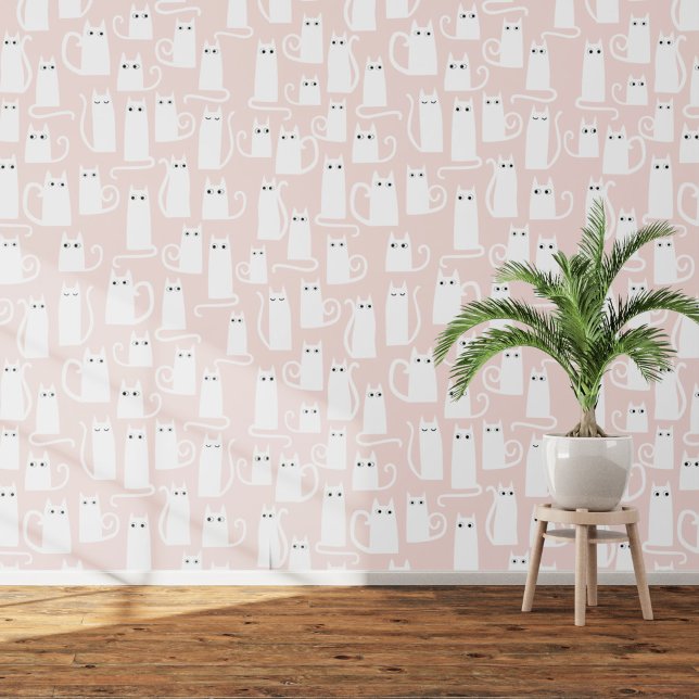 Leuk Wit en Blush Roze Kat Patroon Behang (White kitty cats on blush pink art wallpaper)
