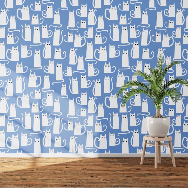 Leuk wit kattenpatroon op blauw behang (White cats on blue art wallpaper)