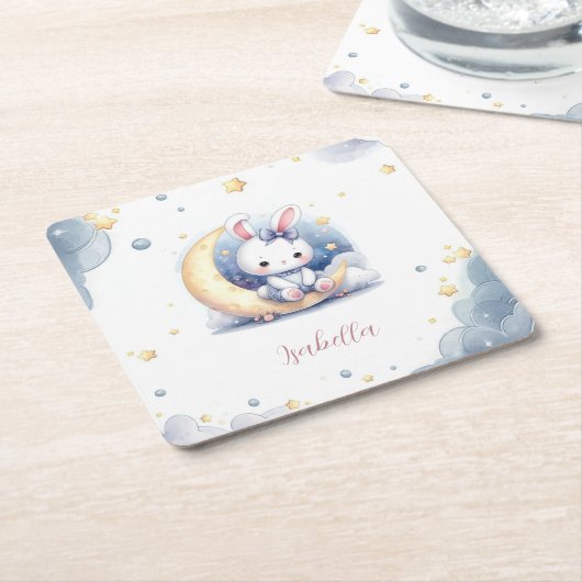 Leuk wit konijntje zittend op de maan kartonnen onderzetters (Schuin)