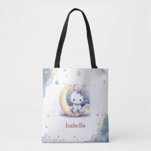 Leuk wit konijntje zittend op de maan tote bag