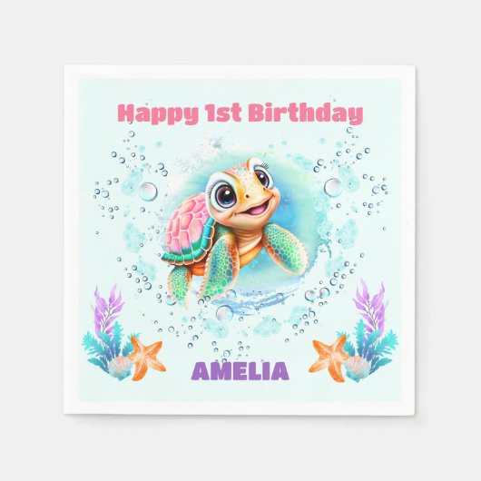Leuk Zee Schildpad Kleurrijke 1e Verjaardags Serve Servet (Voorkant)