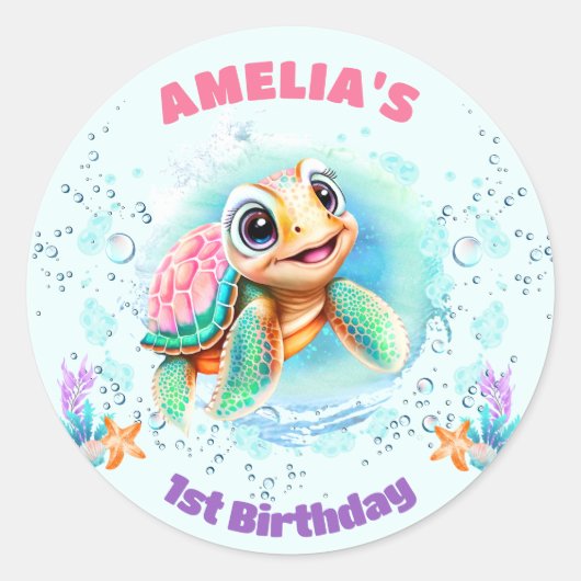 Leuk Zee Turtle Kleurrijke Meisje 1e Verjaardag St Ronde Sticker (Voorkant)