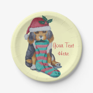 leuk zwart en bruin puppy met Kerstmiskous Papieren Bordje