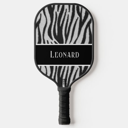 Leuk Zwart & Wit Faux Zebra Patroon met Naam Pickleball Paddle (Voorkant)