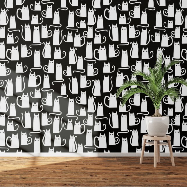Leuk zwart-wit kattenpatroon behang (White cats on a black background  art wallpaper)
