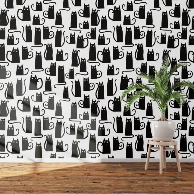Leuk zwart-wit kattenpatroon behang (Black cats on white  art wallpaper)