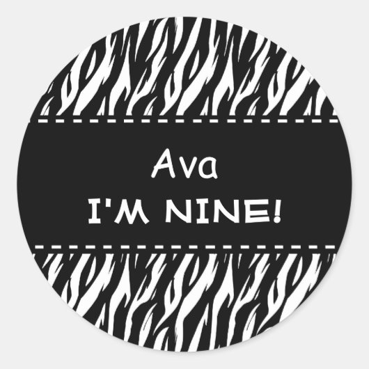 Leuk Zwart Wit Zebra Aangepaste 9e Verjaardag Ronde Sticker (Voorkant)