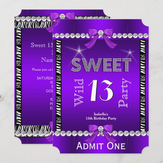 Leuke 13 Pretfeest Zebra Paarse Ticket 3 Kaart (Voorkant / Achterkant)