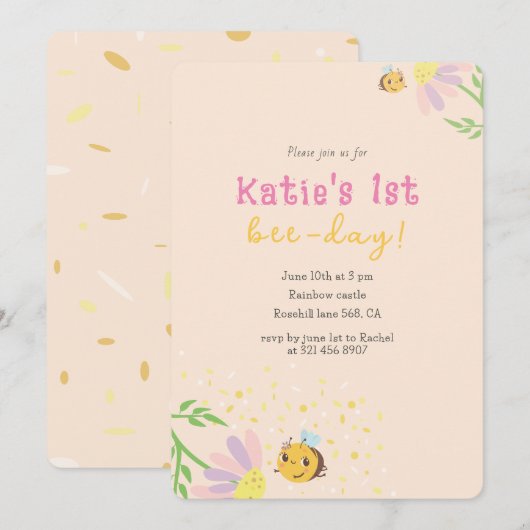 Leuke 1e beeday pastel uitnodiging (Voorkant / Achterkant)