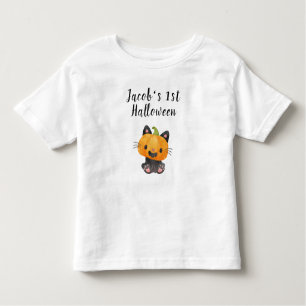 Leuke 1e Halloween Pompoen Kat met Naam Kinder Shirts