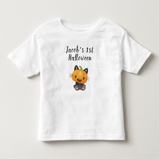 Leuke 1e Halloween Pompoen Kat met Naam Kinder Shirts (Voorkant)