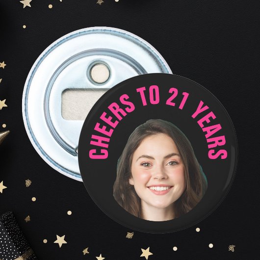 Leuke 21e verjaardag Aangepaste tekst Foto Zwart R Button Flesopener