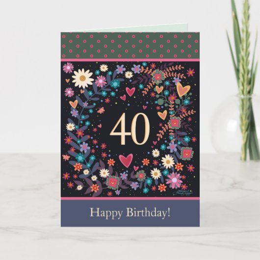 Leuke 40e Verjaardag Bloemen Harten Inspirerende K Kaart (Voorkant)