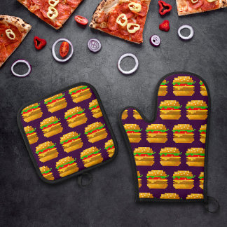Leuke 8-bit hamburger kleurrijke fast food fun pix ovenwant & pannenlap set