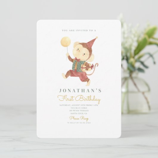 Leuke Aap & Ballon Eerste Verjaardag 1e Verjaardag Kaart (Staand voorkant)