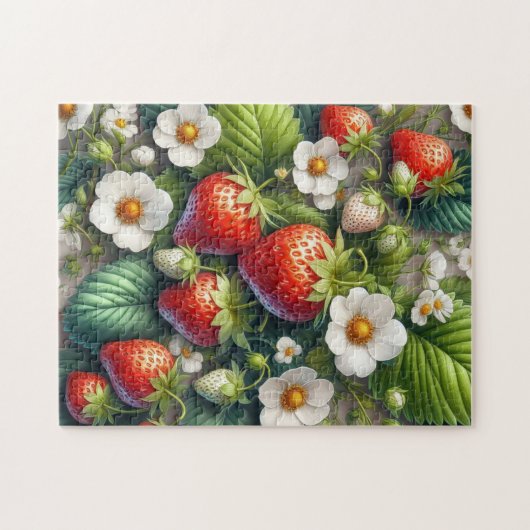 Leuke Aardbei Bladeren Bloemen Jigsaw Puzzel (Horizontaal)