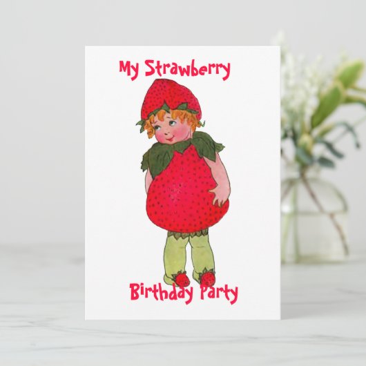 Leuke aardbei Kind verjaardagsfeestuitnodiging Kaart (Staand voorkant)
