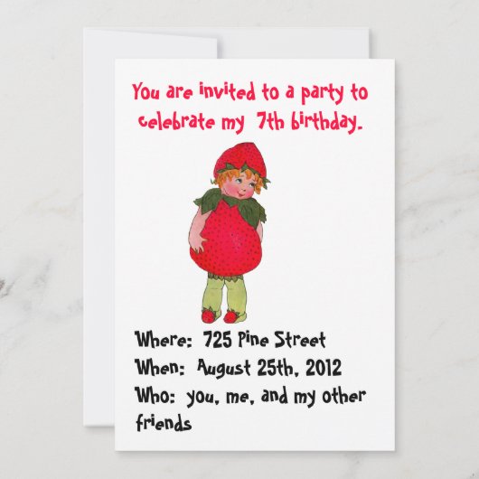 Leuke aardbei Kind verjaardagsfeestuitnodiging Kaart (Achterkant)