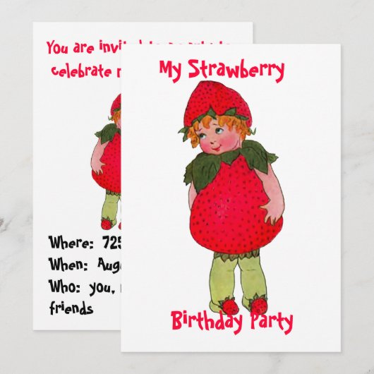 Leuke aardbei Kind verjaardagsfeestuitnodiging Kaart (Voorkant / Achterkant)