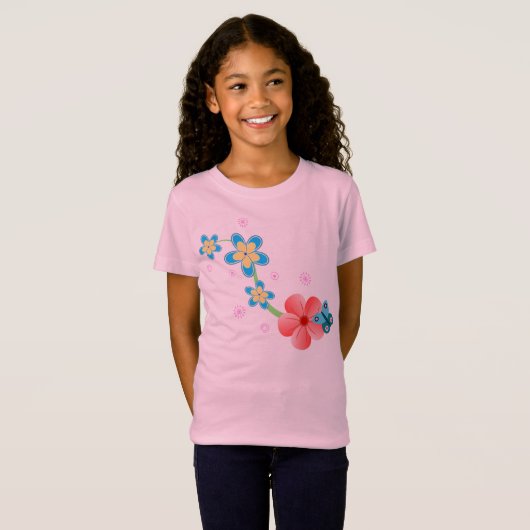 Leuke Abstracte vlinder op roze en blauwe bloemen T-shirt (Voorkant volledig)