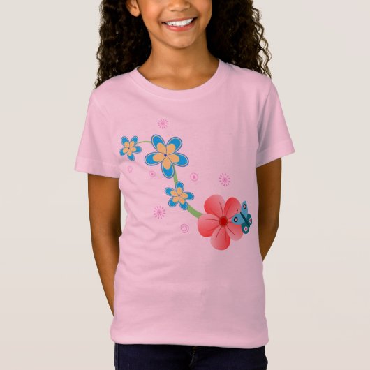Leuke Abstracte vlinder op roze en blauwe bloemen T-shirt (Voorkant)