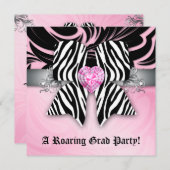 Leuke afstudeerfeest uitnodiging zebra strik roze  (Voorkant / Achterkant)