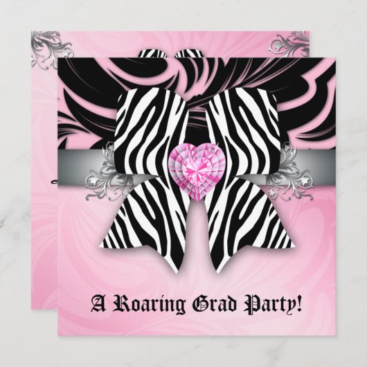 Leuke afstudeerfeest uitnodiging zebra strik roze  (Voorkant / Achterkant)
