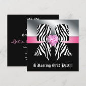 Leuke afstudeerfeest uitnodiging zebra strik roze (Voorkant / Achterkant)